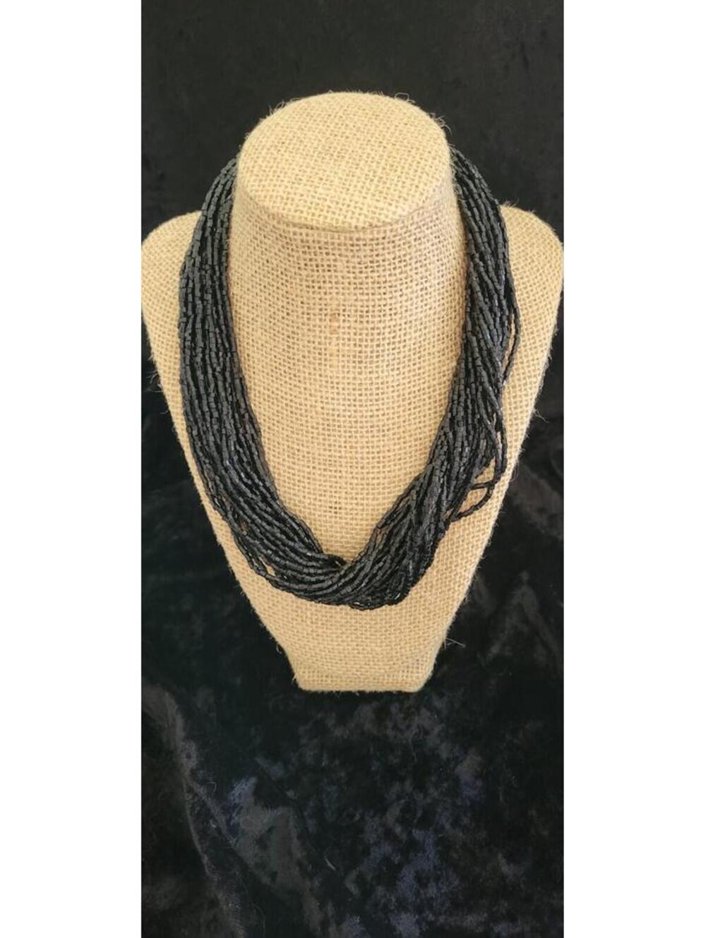 Multi-Strand Black Tube-Beaded Statement Necklace